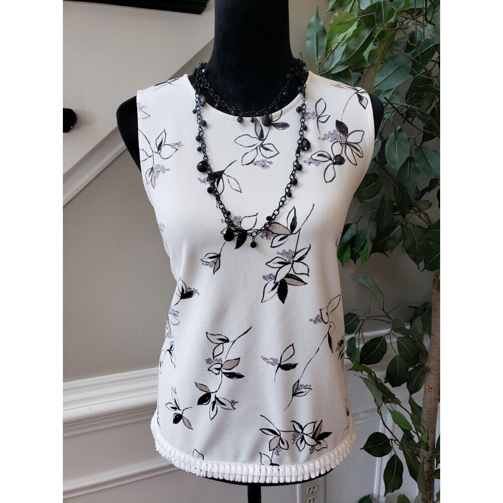Ann Taylor Women's White Floral Tussle Round Neck Sleeveless Top Blouse Size XS